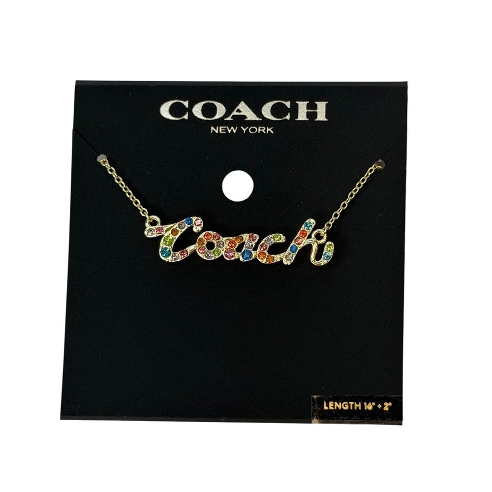 Coach Gold Tone Rainbow Crystal Script Logo Pendant Necklace NWT Y2K Preppy